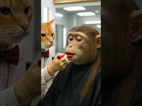 القط مشموش بيعمل ميك اب للقردة والنتيجه صدمه  قطة   قطط