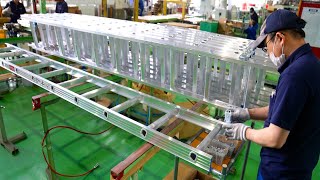 The process of mass-producing ladders and stepladders. Old Japanese ladder factory.