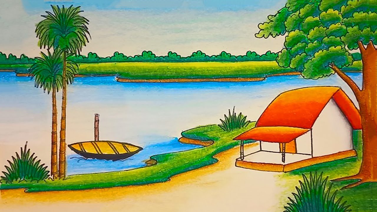 How to draw easy scenery with oil pastel | Riverside landscape village ...