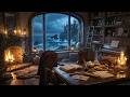Cozy Library Storm Ambience 🌩️🔥 Rain, Fireplace & Ocean Night Sounds