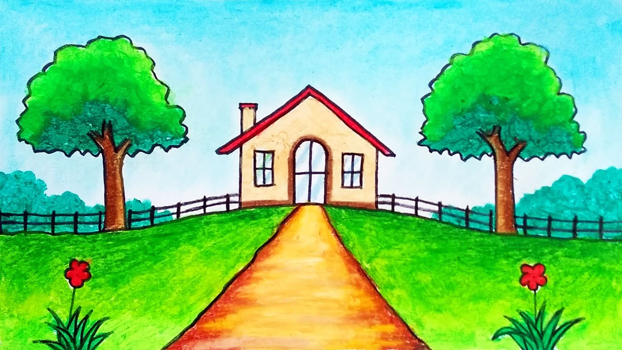 How to Draw Beautiful House and Garden Easy Scenery