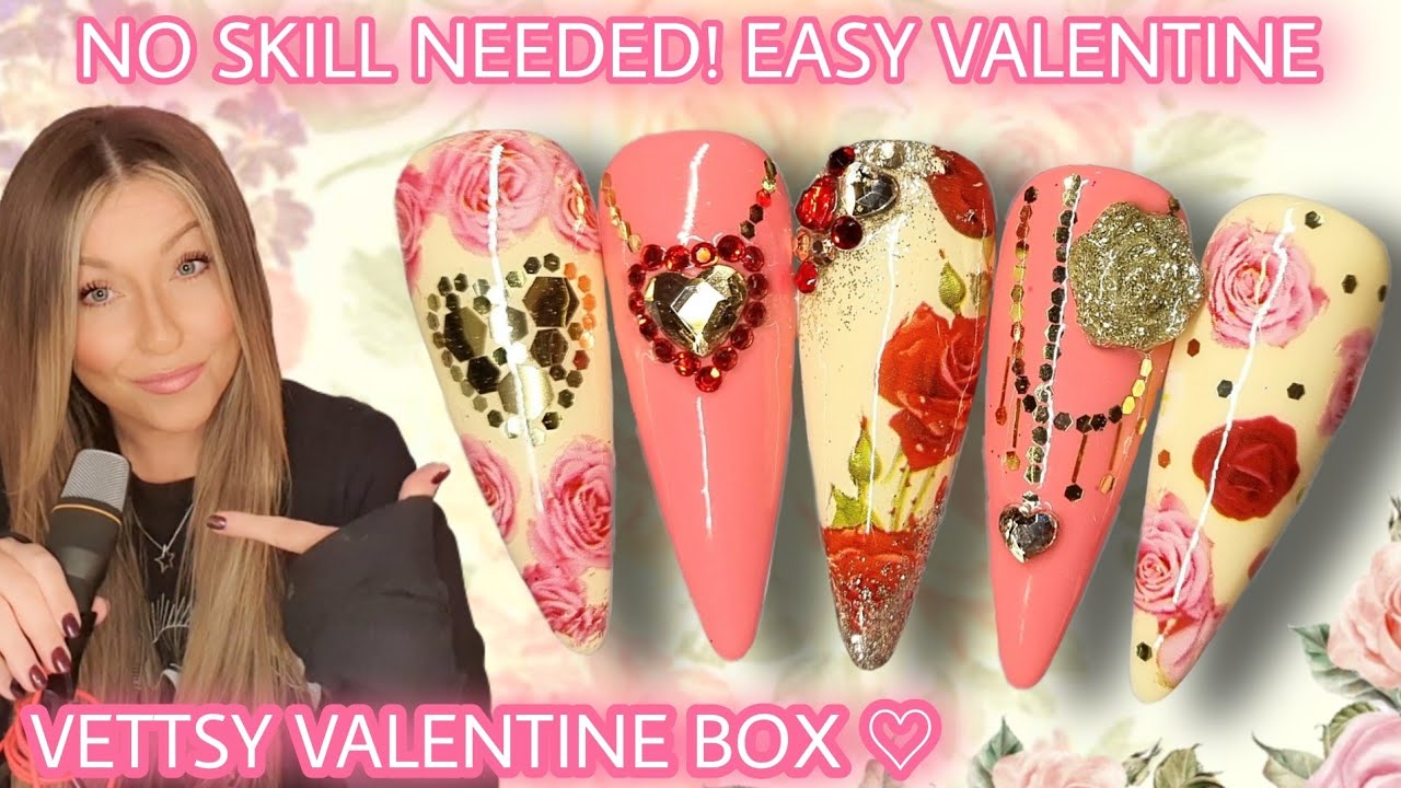 💐No Skill Needed! Easy Valentine Nail Art Design | Valentine's Nails Heart Rose Bling Glitter Flower