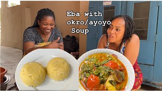 cooking most delicious food || Okro and Ayoyo soup with Eba || Nigerian food in Accra Ghana