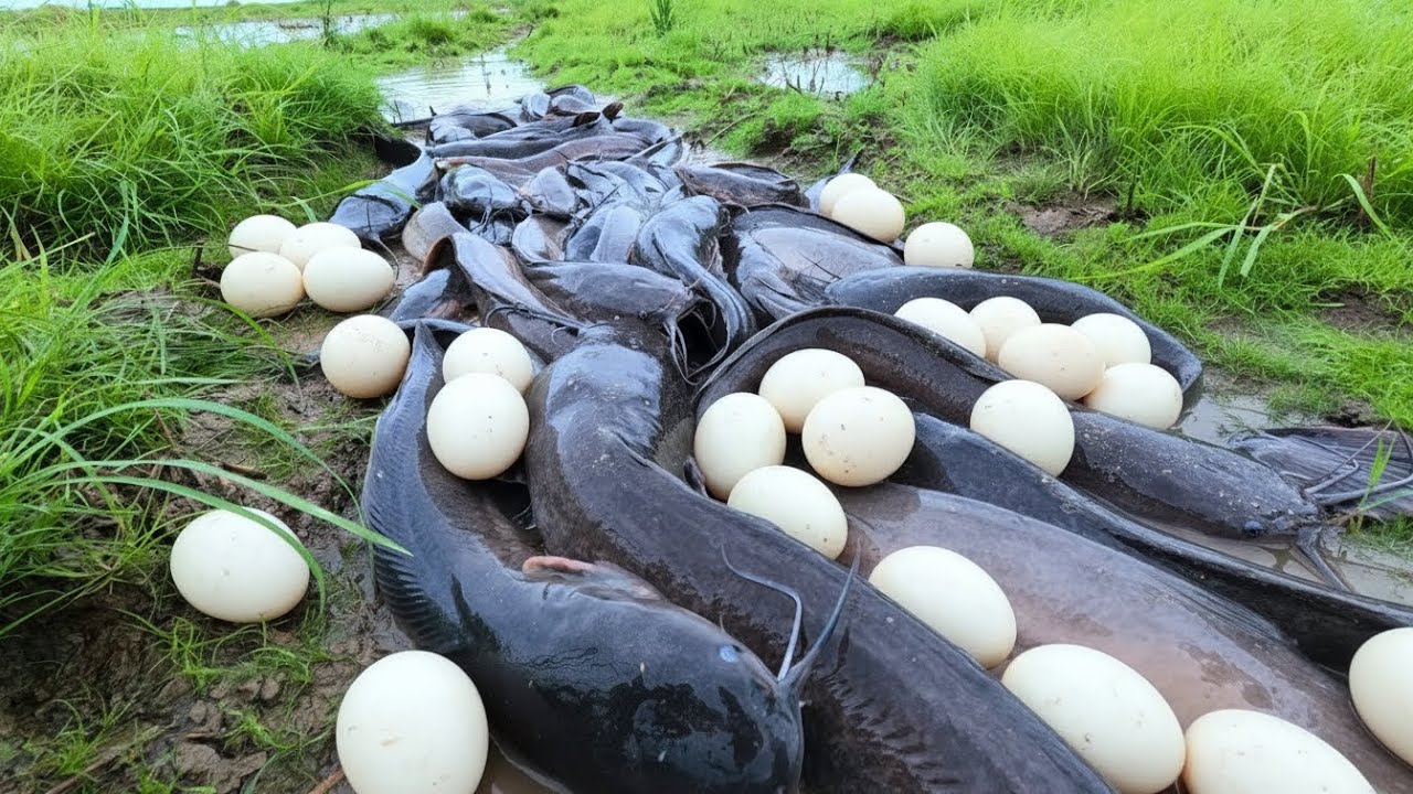 Best hand catch a lot of fish at field near the road
