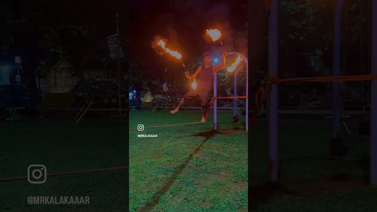 Slackline + Fire Double Staff | Flowarts | Body Balance Skills | Coordination Exercises