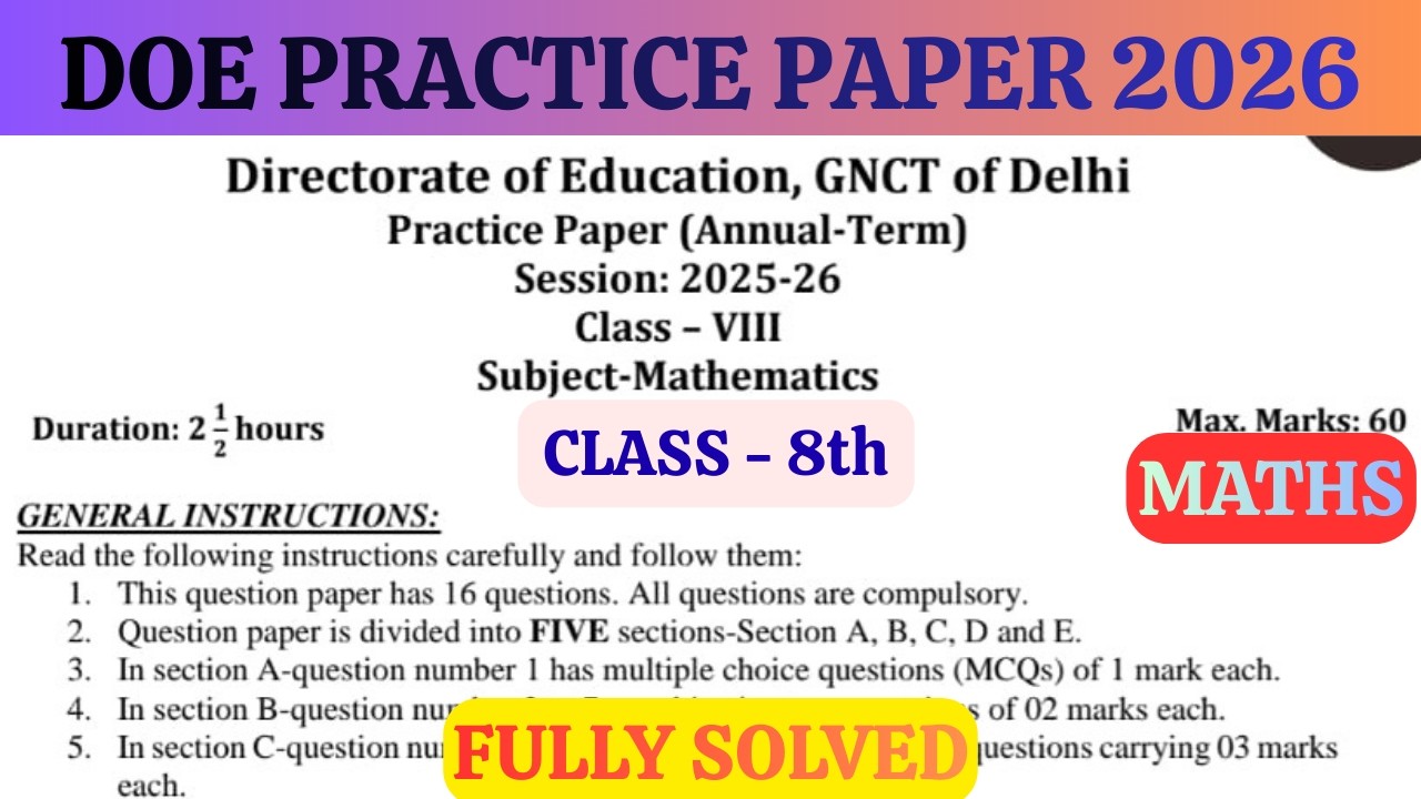 Class 8th DOE Practice paper 2026 | Maths Sample paper | DOE practice ...