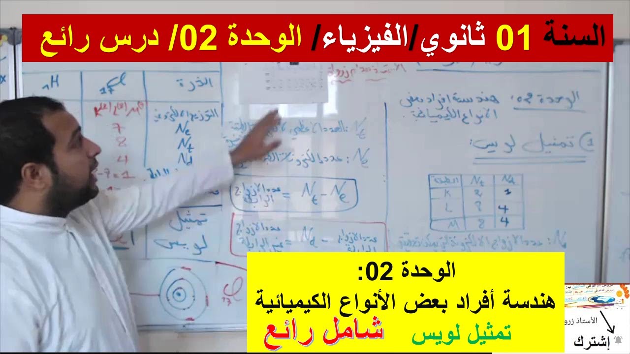 السنة 01 ثانوي الفيزياء  الوحدة 2 هندسة افراد بعض الانواع الكيميائية تمثيل لويس شرح رائع