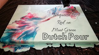 (35) Turquoise and Red on a Mint Green Base  Dutch Pour   acrylic pour.