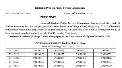 hppsc Assistant Professor College Cadre Geography written exam result 2023 | geography hpssc result