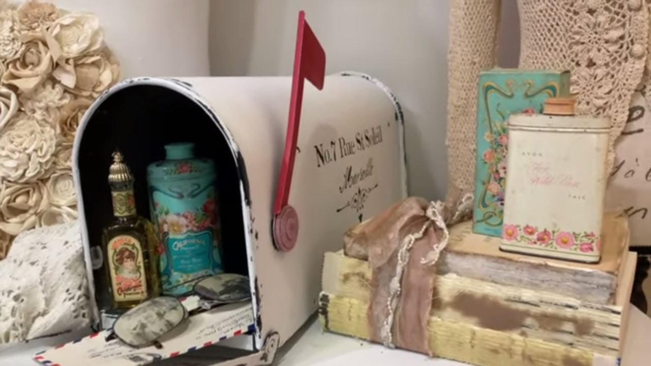 DIY DOLLAR TREE VINTAGE BOOK STACKS, SHABBY CHIC MAILBOX & HANGING LACE FRENCH GARLAND