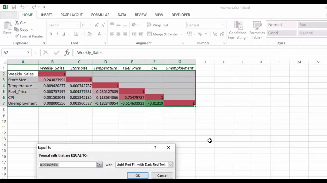 correlation using statplus in excel