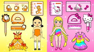 Học Làm Búp Bê Giấy - Rapunzel và Squid Doll Trang Trí Đồ Dùng Học Tập Hồng Vàng - Câu Chuyện Barbie