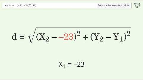 Find the distance between two points p1 (-23,-5) and p2 (55,91): Step-by-Step Video Solution