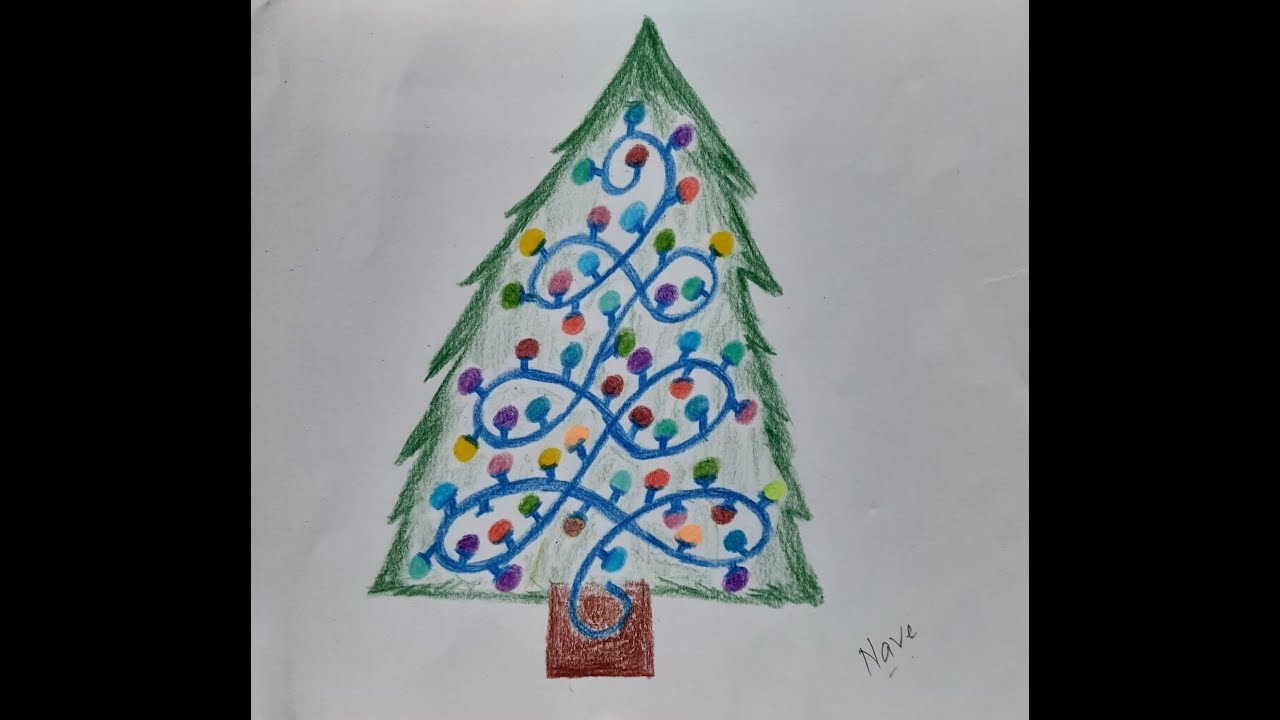 Colour Pencil Drawing of Christmas Tree Decorated with