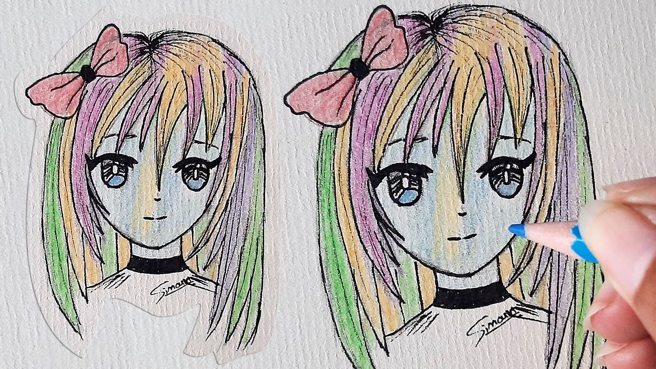 Anime girl with colorful drawing- Color pencil | Sinoun Drawing - YouTube