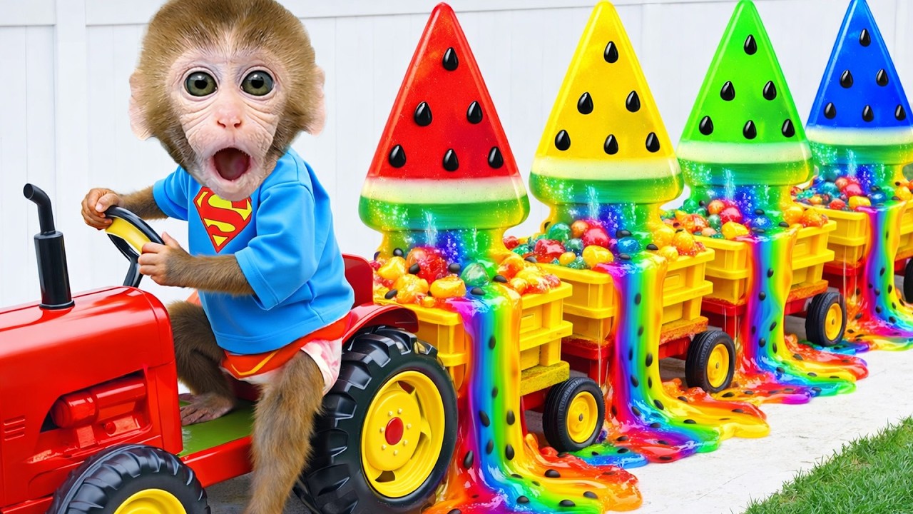 القرد بون بون يستكشف فشار قوس قزح والحلوى اللذيذة في السوبرماركت مع القرد الصغير