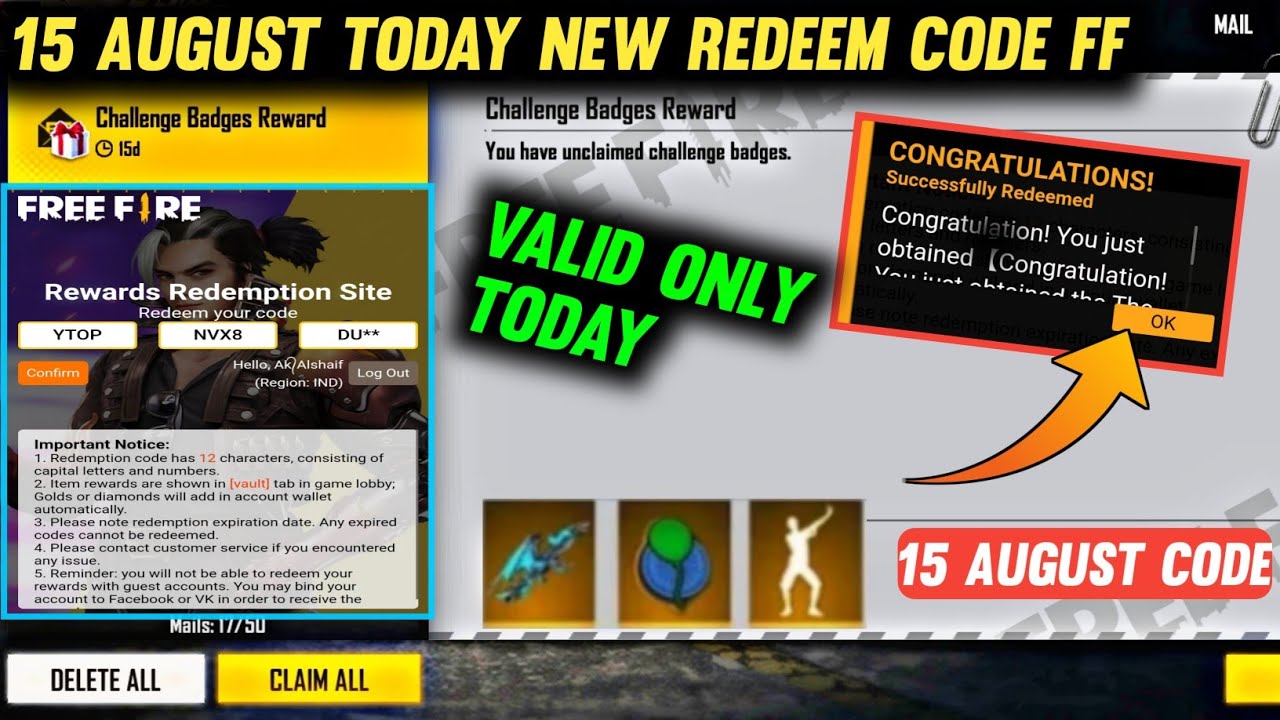 FREE FIRE 15 AUGUST NEW REDEEM CODE | CITY OPEN FINAL REDEEM CODE 15 AUGUST FREE FIRE | FF EVENT