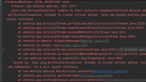 NullPointerException: error in com.google.android.gms.ads.AdView.loadAd() method.