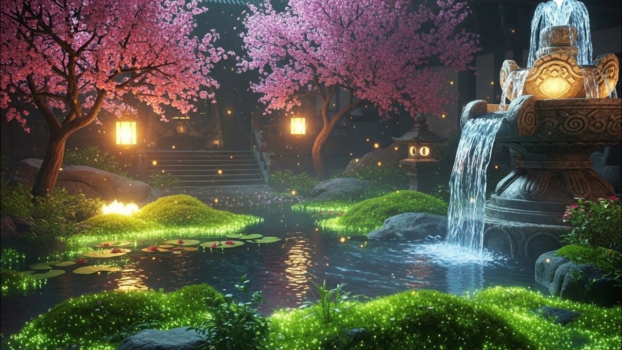 Peaceful Night Garden with Fountain | Relaxing Nature Sounds 🌙✨