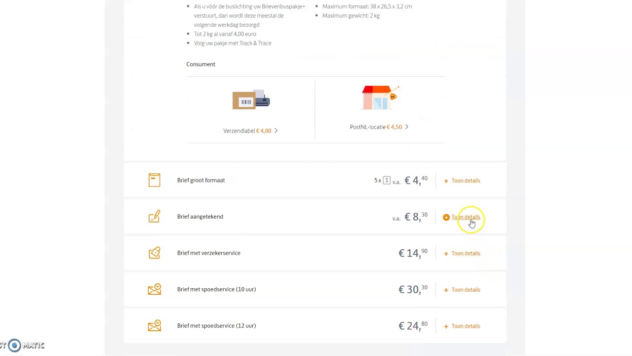 molecuul Mompelen lijden Uitleg tarieven brief en pakket op site Post NL - YouTube