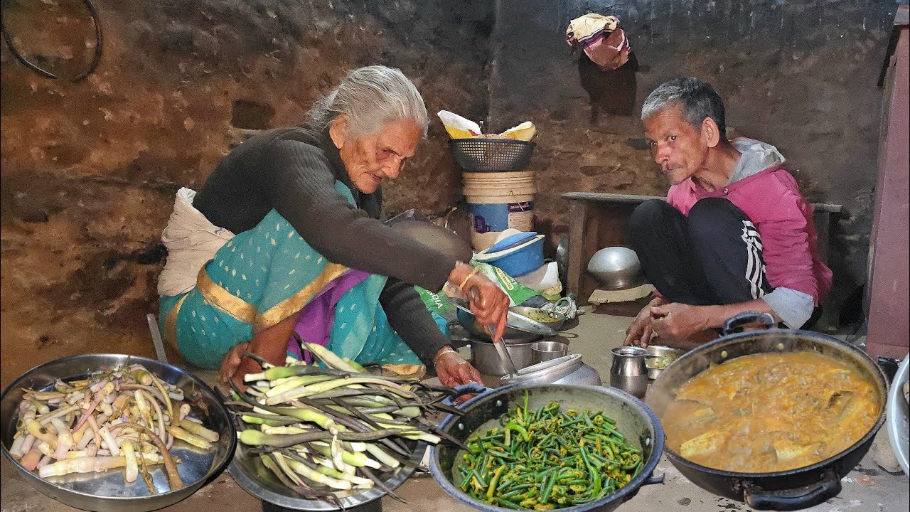 Epic Village Feast! Grandma & second youngest Son Cook Fish Curry, Liuro & Bako with Rice & Dal