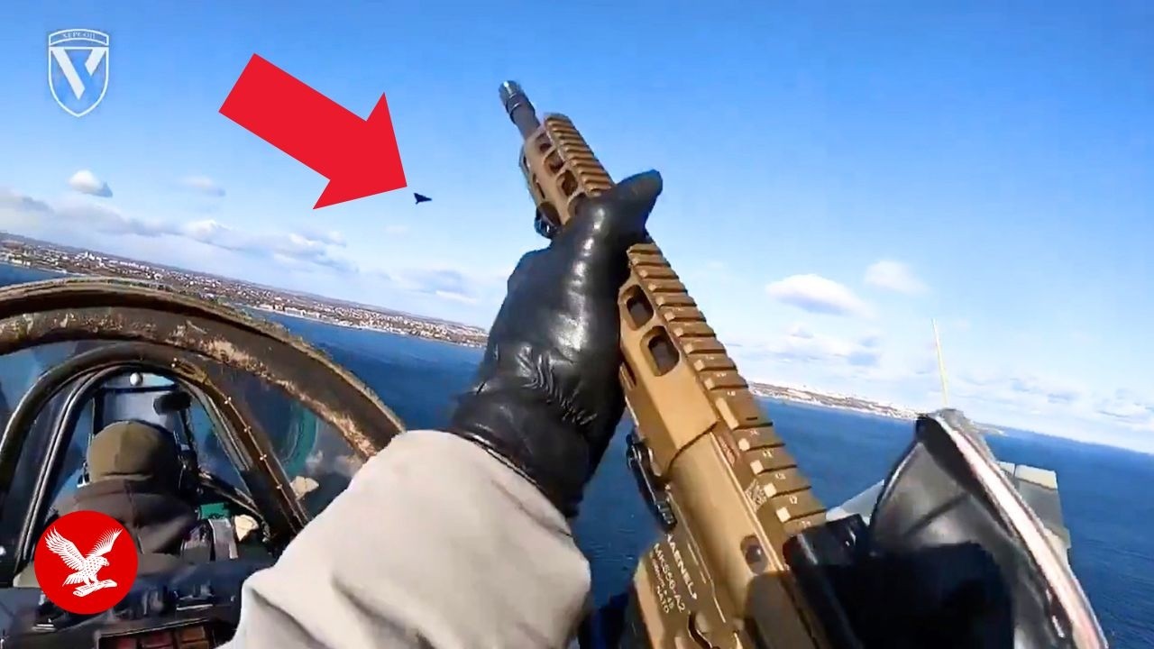 Ukrainian rear gunner shoots down attack drones with rifle from open cockpit