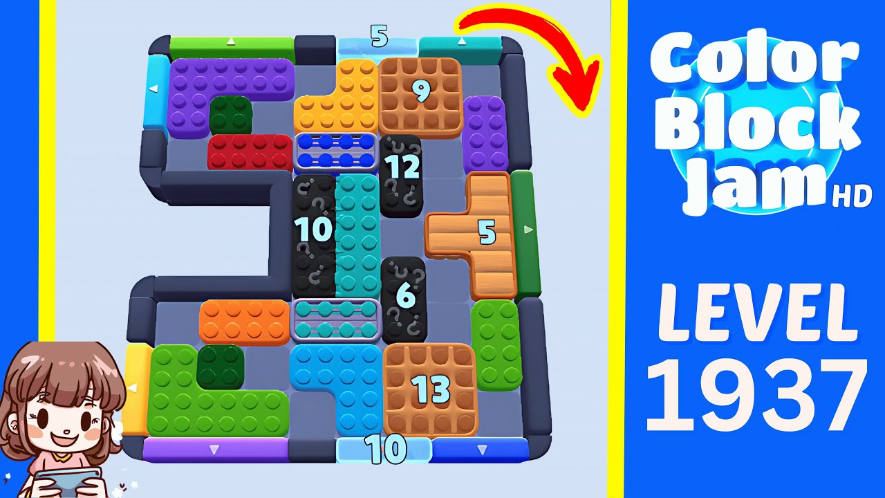 Color Block Jam Level 1937 historical Level 1031 source, visible Level 1937 board with 1:15 timer and central countdown stack opening frame