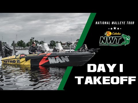 Person, Boat, Vehicle. Text: NATIONAL WALLEYE TOUR NWT NiTRO 21 DAYI TAKEOFF