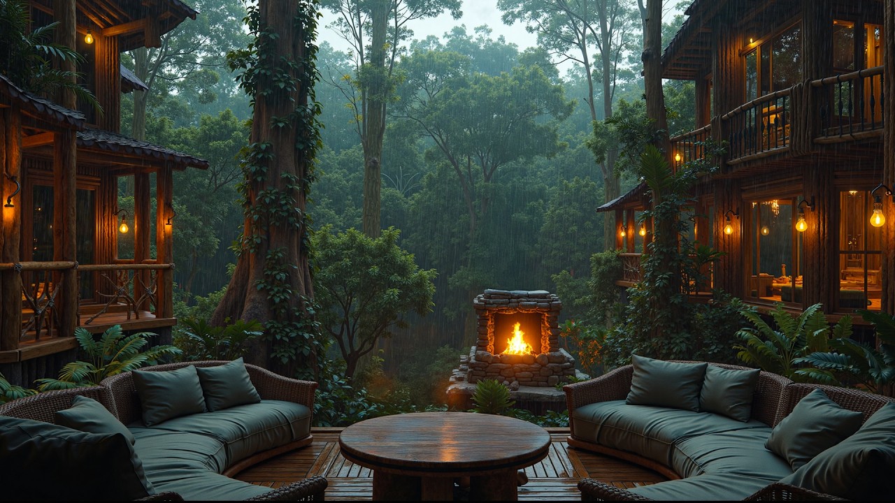 Rainy Forest Cabin Fireplace Jazz 🌧️ Cozy Outdoor Ambience for Deep Relaxation & Focus
