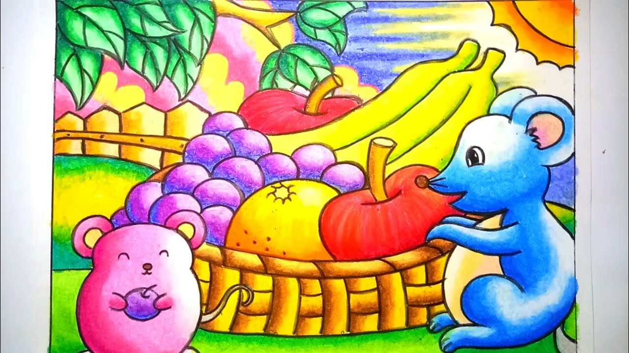 Cara mewarnai gradasi dengan crayon Menggambar  Buah  