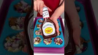 Easy game day recipe I make delicious pulled pork cups with pulled pork, diced potatoes, and cheese.
