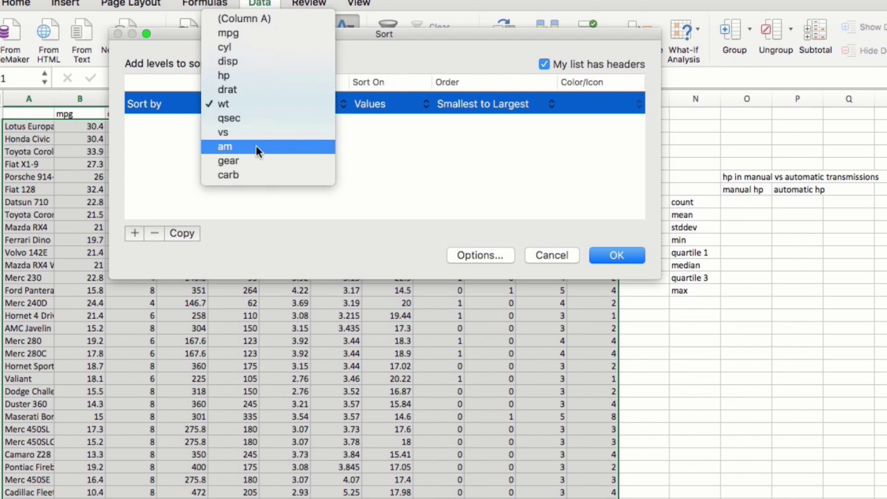 Bio100 week4 2 descriptive stats in excel youtube