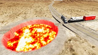 Trains vs cars and Trucks vs Giant Crater — BeamNG.Drive