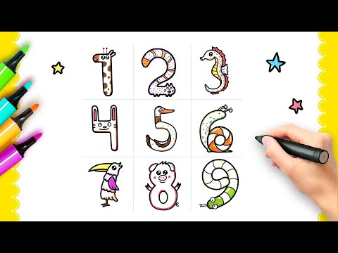 Рисунки из цифр в виде животных | How to Draw Cute Numbers in The Form of Animals Cartoon Style