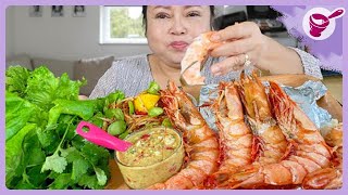 Giant salt baked prawns with som tam and pla ra, miang, and a sweet and sour dip | Yainang