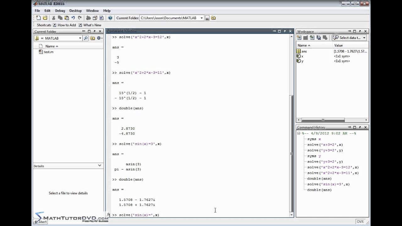 Matlab Essential Skills Sect 35 Solving Algebraic Equations