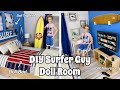 DIY Surfer Guy Barbie Doll Room! Surf Inspired Doll Room - Doll TV, Bed, Trophies, Desk, & Curtains