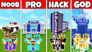 Minecraft: FAMILY POLICE STATION HOUSE BUILD CHALLENGE - NOOB vs PRO vs HACKER vs GOD in Minecraft