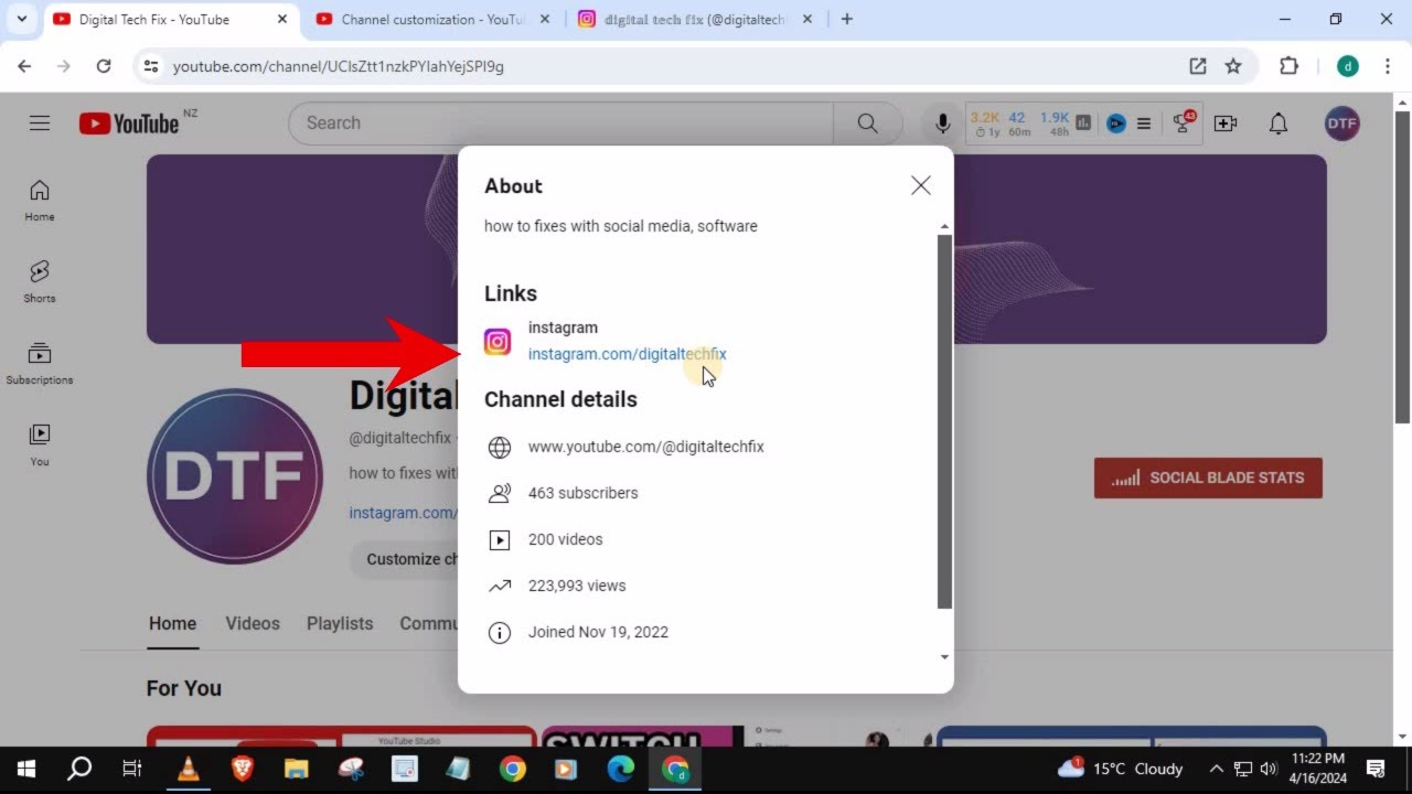 how to put ig link in youtube description