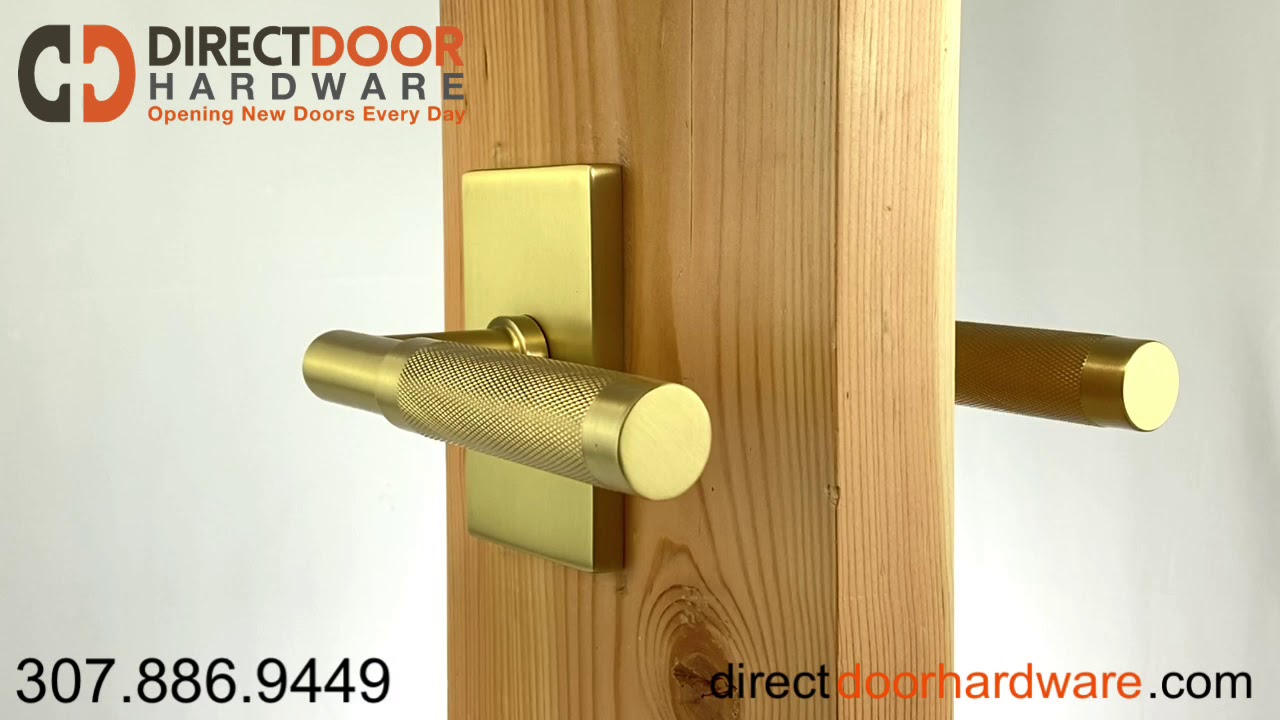 Emtek Knurled T-Bar Style Door Lever with Rectangular Rosette in Satin Brass