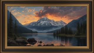 2 Hour Framed Painting Screen | Majestic Mountain Lake at Sunset with Calm Water,Scenic Nature View