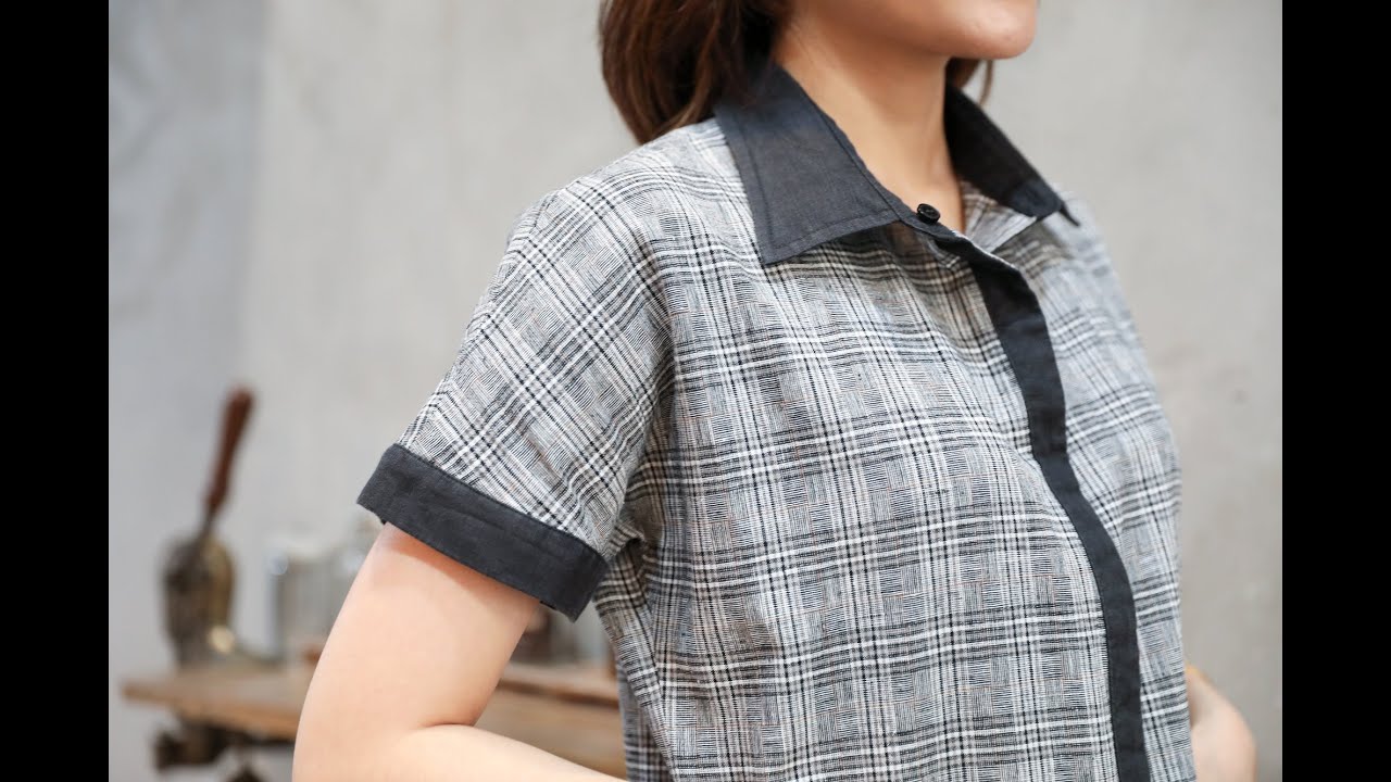 Natural Linen Shirt Dress Short Sleeves Straight Dress - Gray & Black