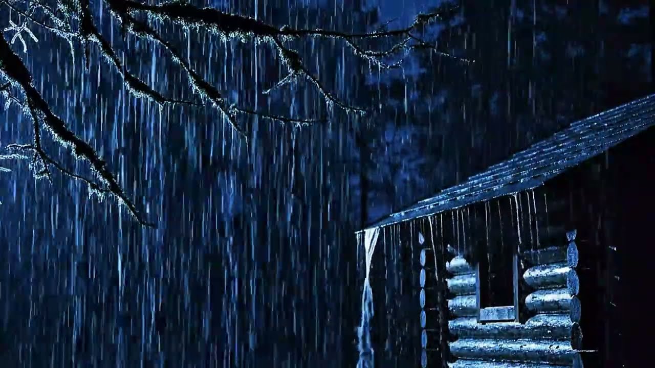 Heavy Rain on Log Cabin at Midnight | Dark Forest Rain Ambience for Deep Sleep Relaxatio