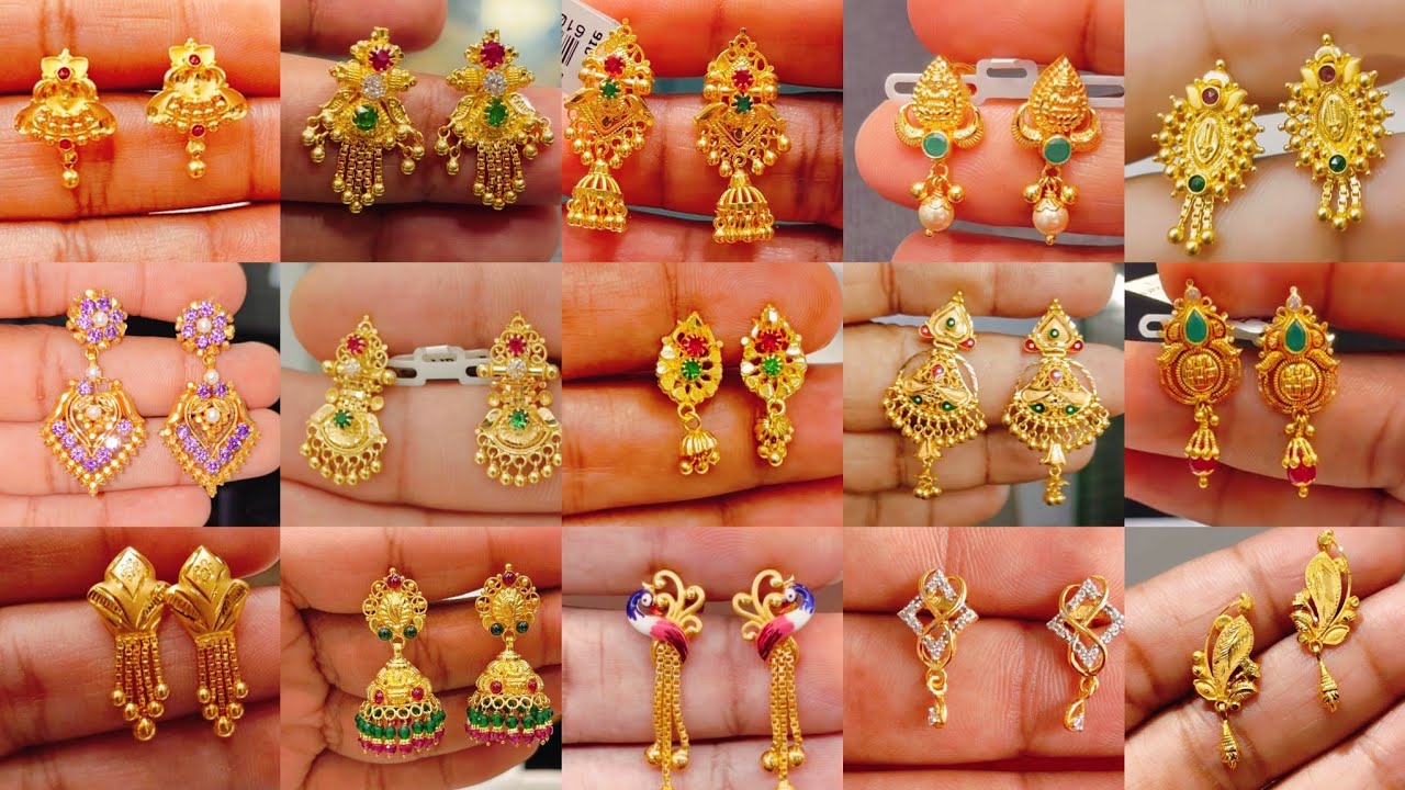 Gold lightweight shining earrings collection with weight | jhumka designs