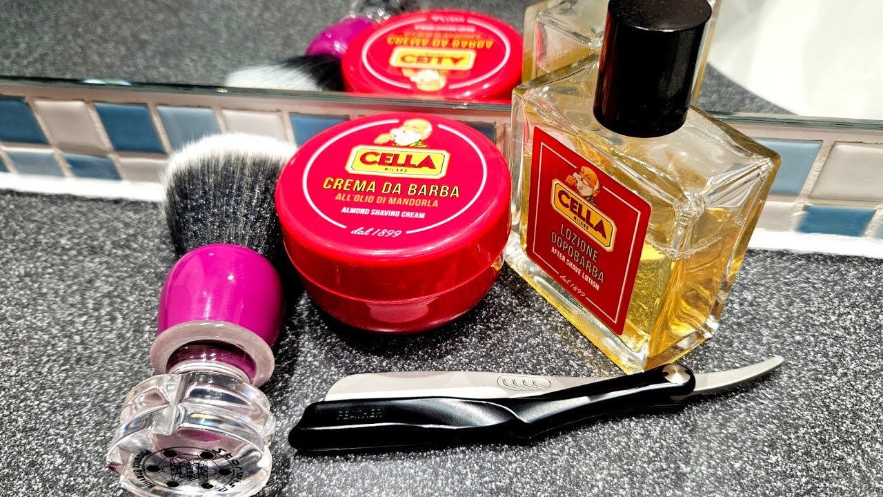 ⁣Feather Artist Club SS Shavette. Cella Shaving Soap and Splash. PAA Starwisp Brush.
