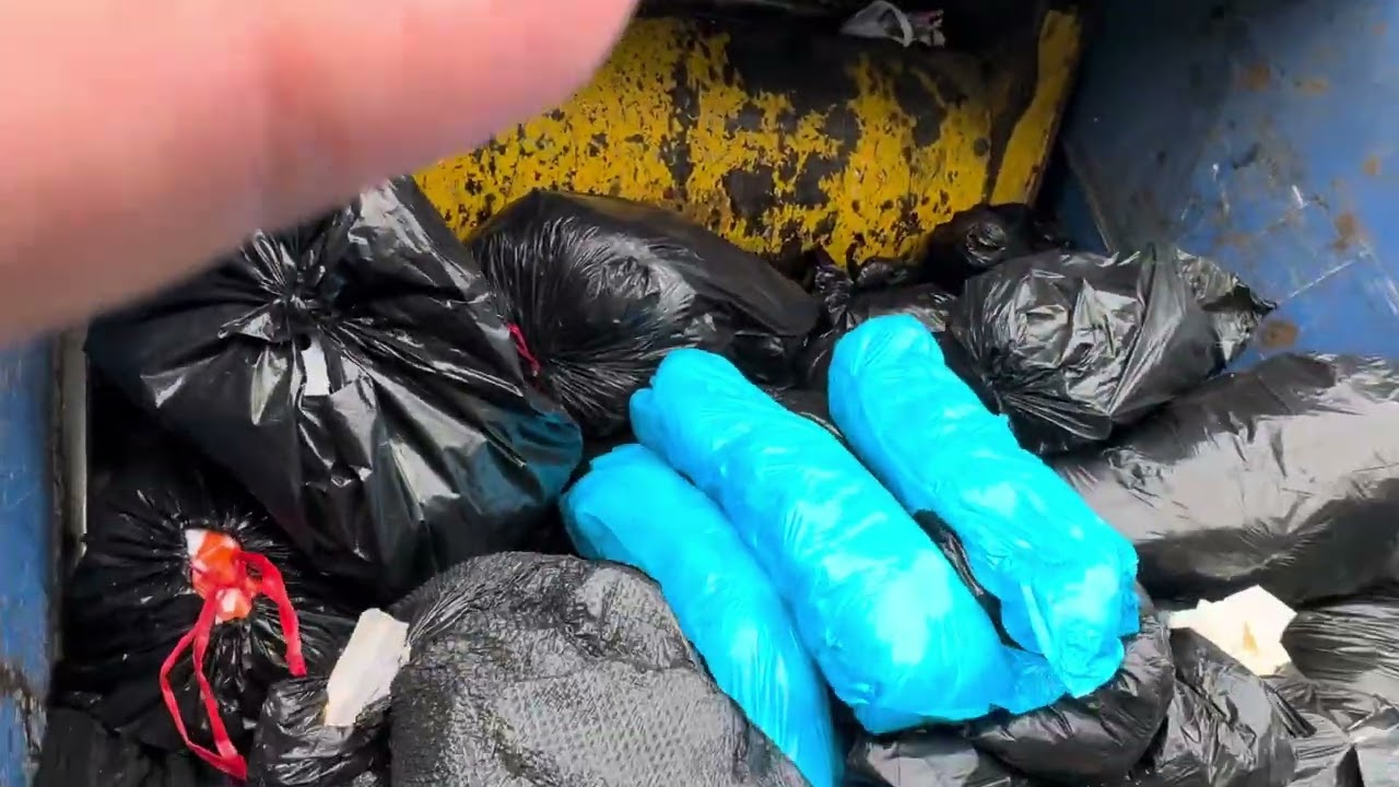 Rear load garbage truck, big pile