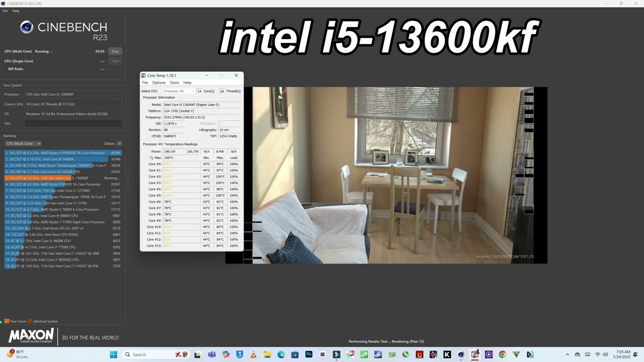 Intel i5-13600KF Cinebench R23 Multi-Core Benchmark | 2025