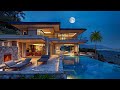 Cozy beach house in summer night  ambience with fireplace sound  tropical beach waves 10hrs