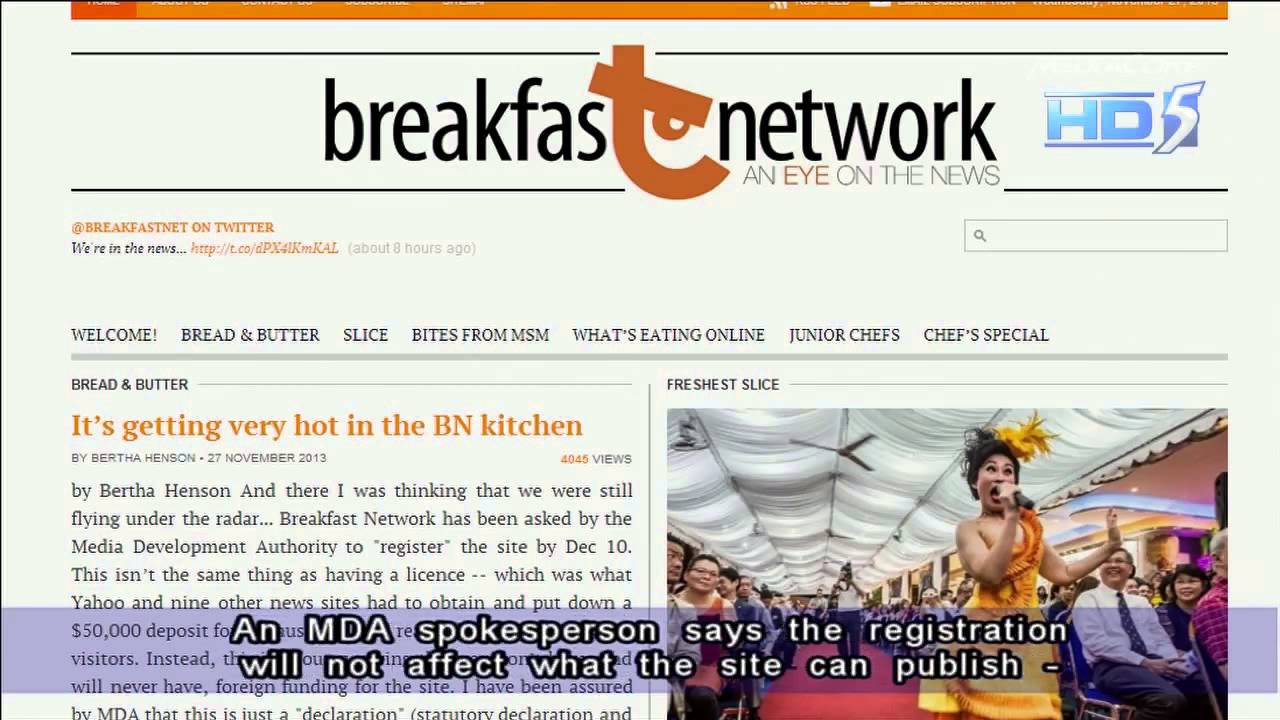 'Breakfast Network' required to register under MDA's licensing scheme - 27Nov2013