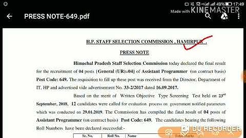 HPSSC Assistant Programmer ( Post Code - 649 ) Final Result Declared Today | Held on - 23 Sept 2018